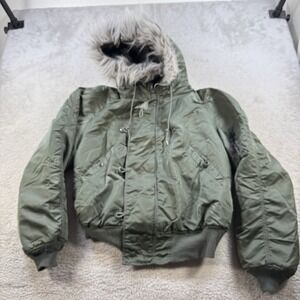 Vintage Alpha Industries Jacket Mens Large Green N-2B Heavy Flying Fur Hood USA